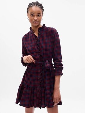 Gap Plaid Tiered Ruffle-Trim Button-Front Flannel Mini Shirt Dress in Burgundy